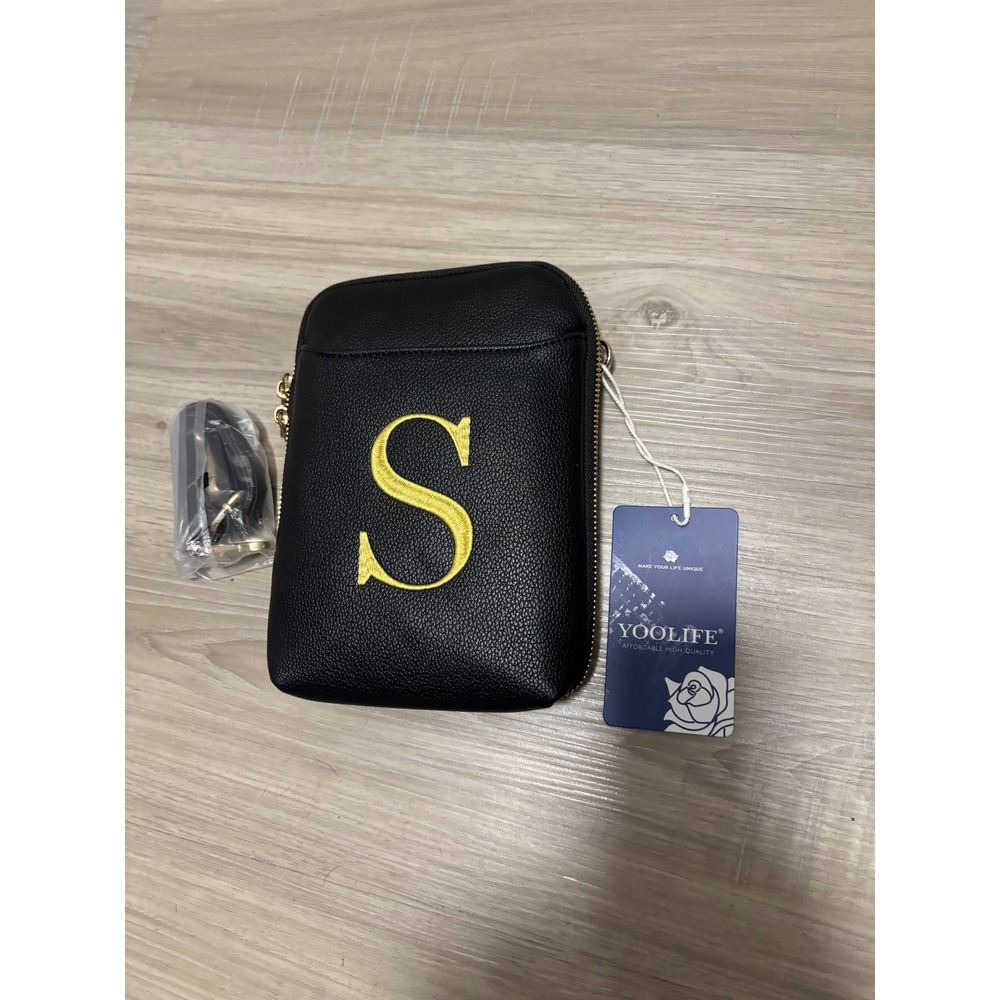 Yoolife Black Vegan Leather Crossbody Phone Bag Initial S Gold Zip New